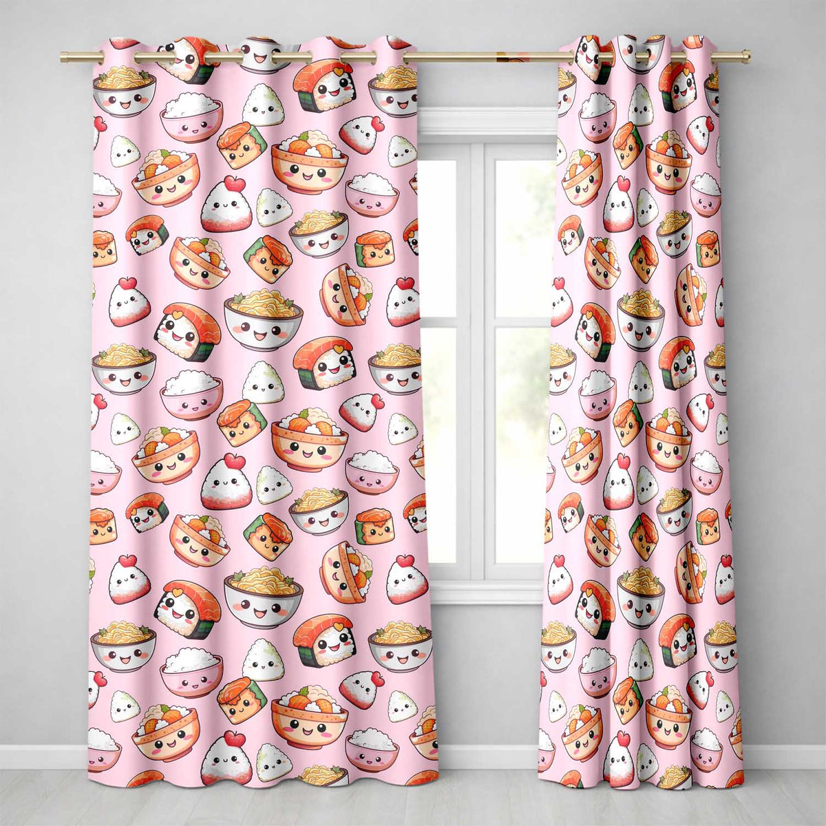 Kawaii Sushi Rice Bowls and Noodles on Light Pink Seamless Pattern Readymade Eyelet Ring Top Thermal 100% Blackout Curtains