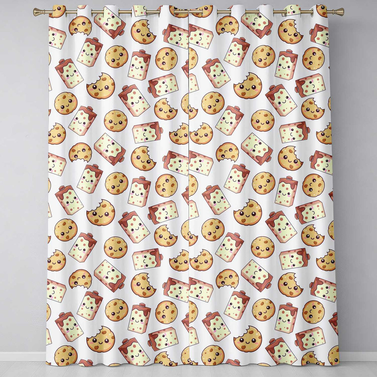Cute Kawaii Cookies and Milk Cartons on Cream Background Seamless Pattern Readymade Eyelet Ring Top Thermal 100% Blackout Curtains