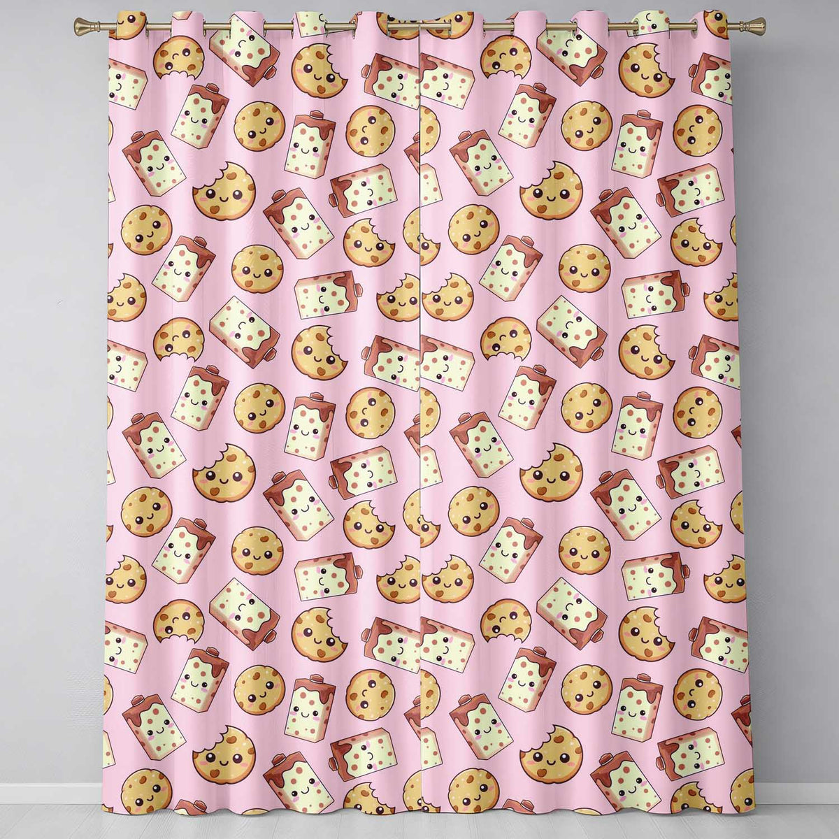 Cute Kawaii Cookies and Milk Cartons on Pink Background Seamless Pattern Readymade Eyelet Ring Top Thermal 100% Blackout Curtains