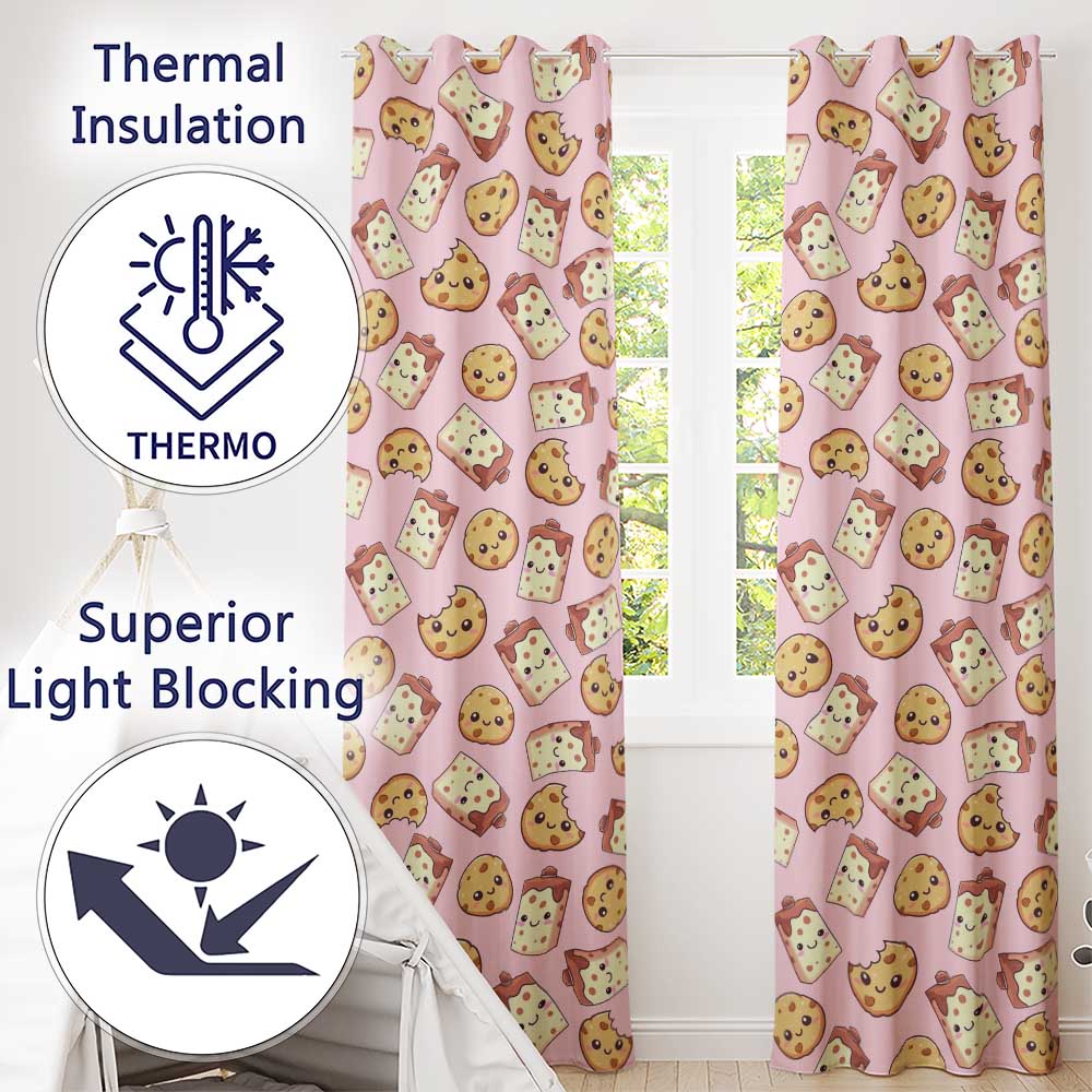 Cute Kawaii Cookies and Milk Cartons on Pink Background Seamless Pattern Readymade Eyelet Ring Top Thermal 100% Blackout Curtains