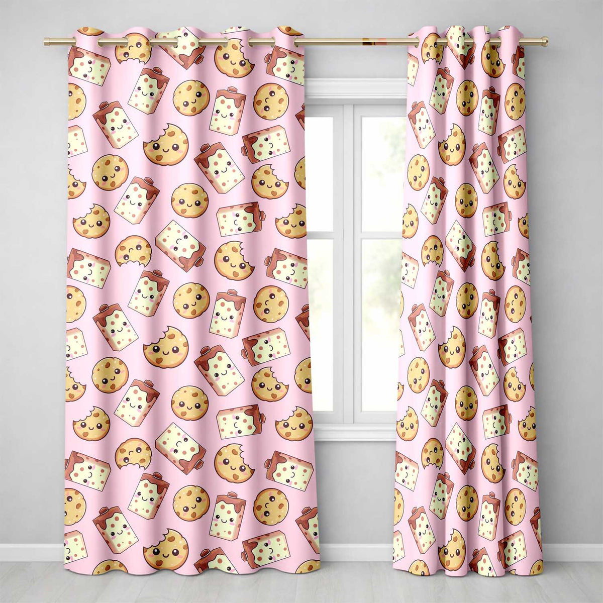 Cute Kawaii Cookies and Milk Cartons on Pink Background Seamless Pattern Readymade Eyelet Ring Top Thermal 100% Blackout Curtains