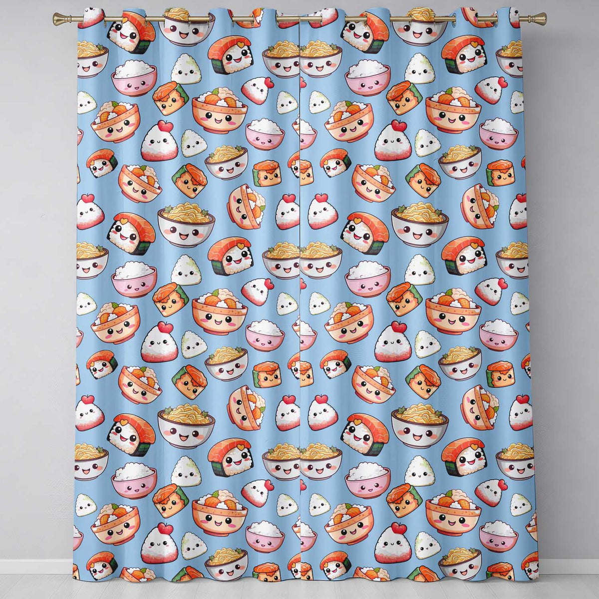Cute Kawaii Sushi Rice Bowls and Noodles on Blue Background Seamless Pattern Readymade Eyelet Ring Top Thermal 100% Blackout Curtains