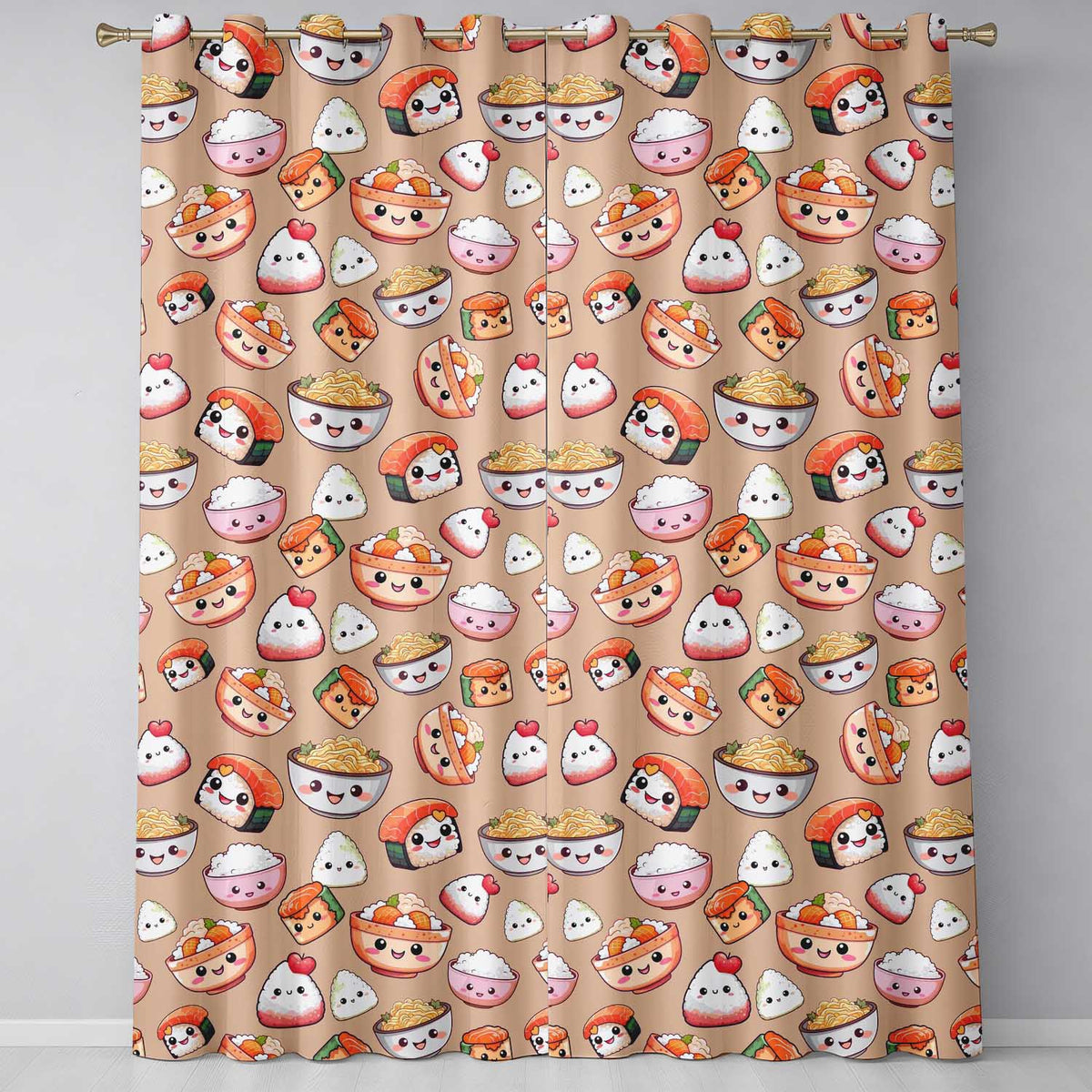 Cute Kawaii Sushi Rice Bowls and Noodles on Peach Background Seamless Pattern Readymade Eyelet Ring Top Thermal 100% Blackout Curtains