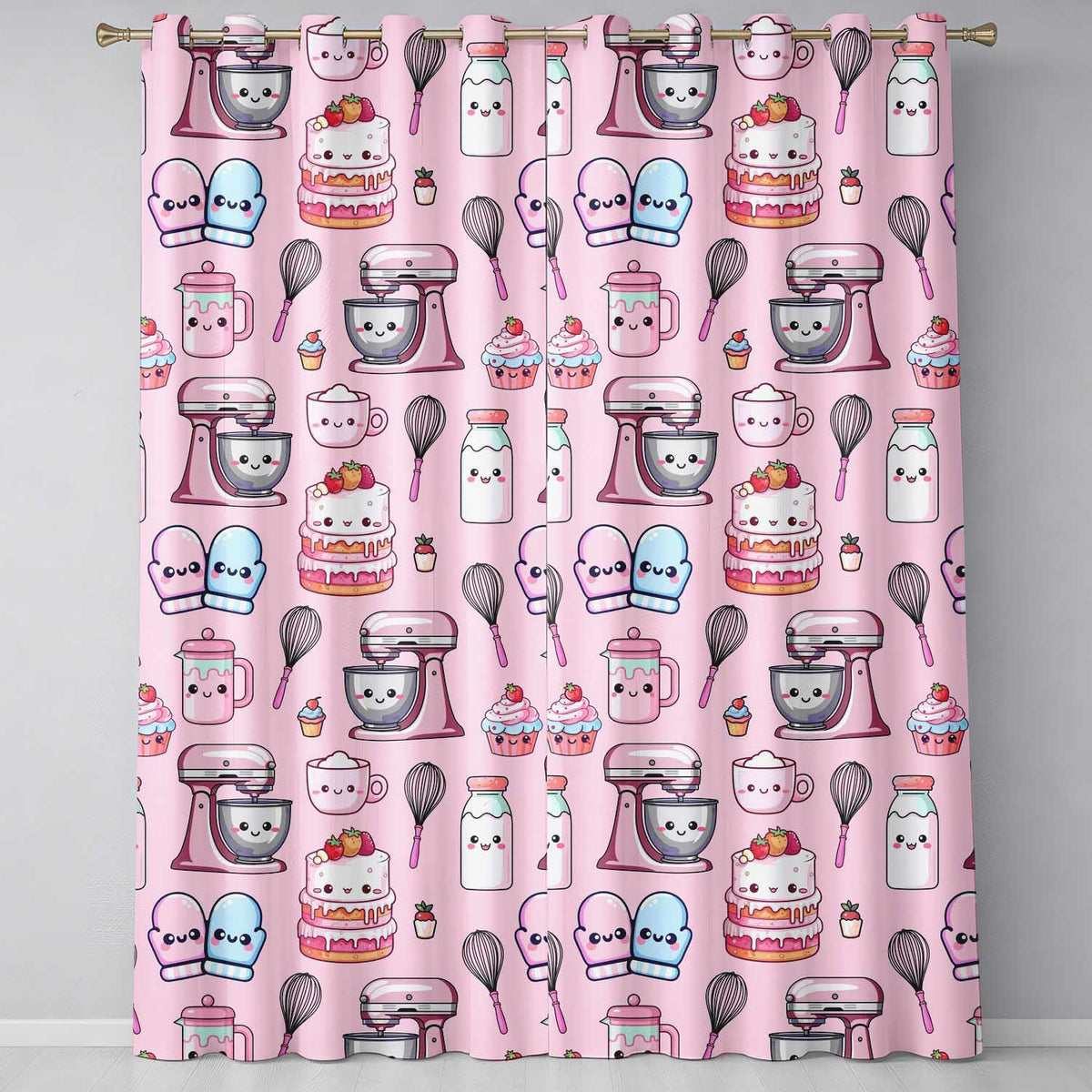 Kawaii Baking Mixer Cake and Cupcake Tools on Soft Pink Seamless Pattern Readymade Eyelet Ring Top Thermal 100% Blackout Curtains