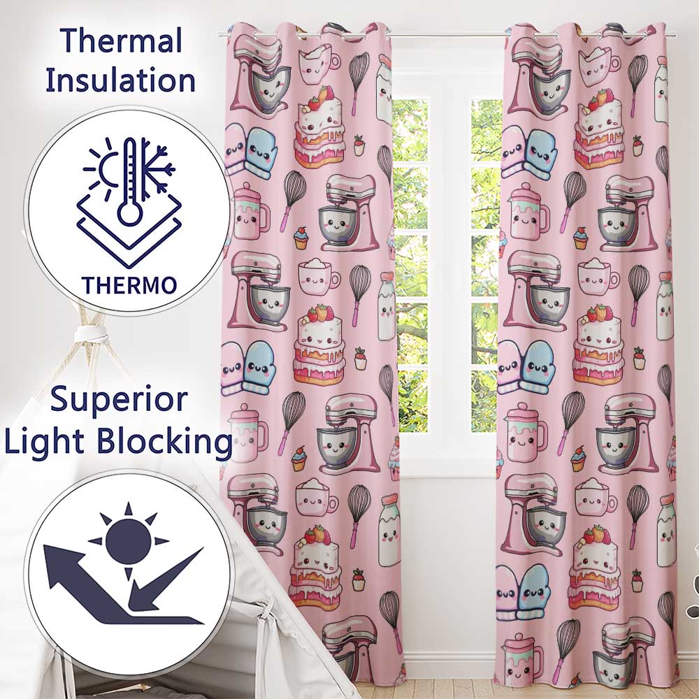 Kawaii Baking Mixer Cake and Cupcake Tools on Soft Pink Seamless Pattern Readymade Eyelet Ring Top Thermal 100% Blackout Curtains