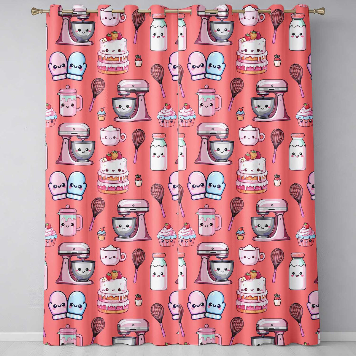 Kawaii Baking Mixer Cake and Cupcake Tools on Coral Seamless Pattern Readymade Eyelet Ring Top Thermal 100% Blackout Curtains