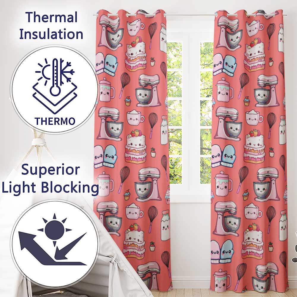 Kawaii Baking Mixer Cake and Cupcake Tools on Coral Seamless Pattern Readymade Eyelet Ring Top Thermal 100% Blackout Curtains