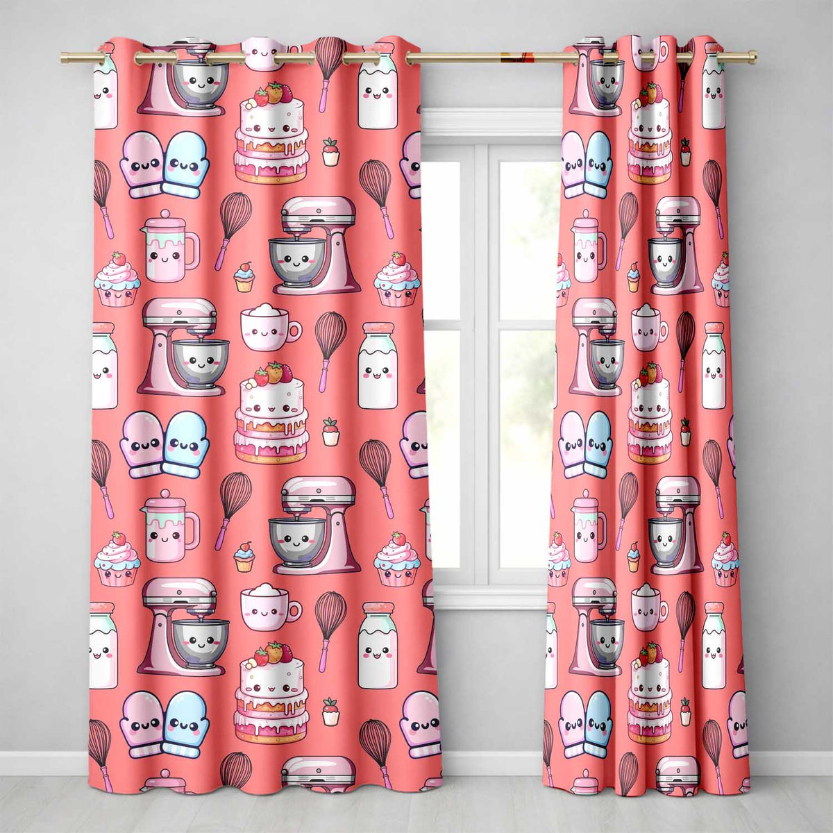 Kawaii Baking Mixer Cake and Cupcake Tools on Coral Seamless Pattern Readymade Eyelet Ring Top Thermal 100% Blackout Curtains