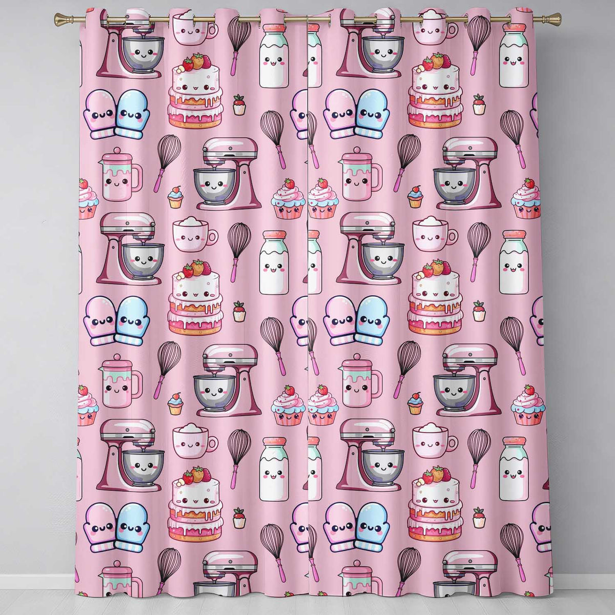 Kawaii Baking Mixer Cake and Cupcake Tools on Blush Pink Seamless Pattern Readymade Eyelet Ring Top Thermal 100% Blackout Curtains