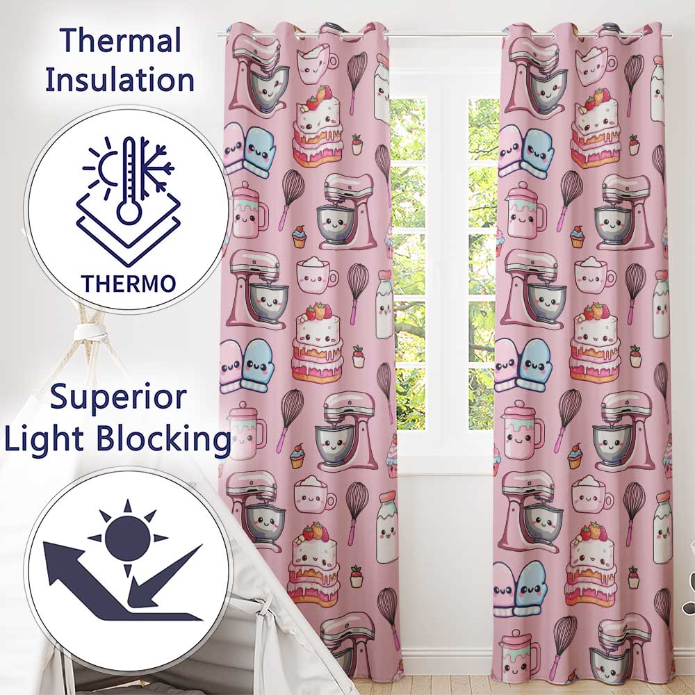 Kawaii Baking Mixer Cake and Cupcake Tools on Blush Pink Seamless Pattern Readymade Eyelet Ring Top Thermal 100% Blackout Curtains
