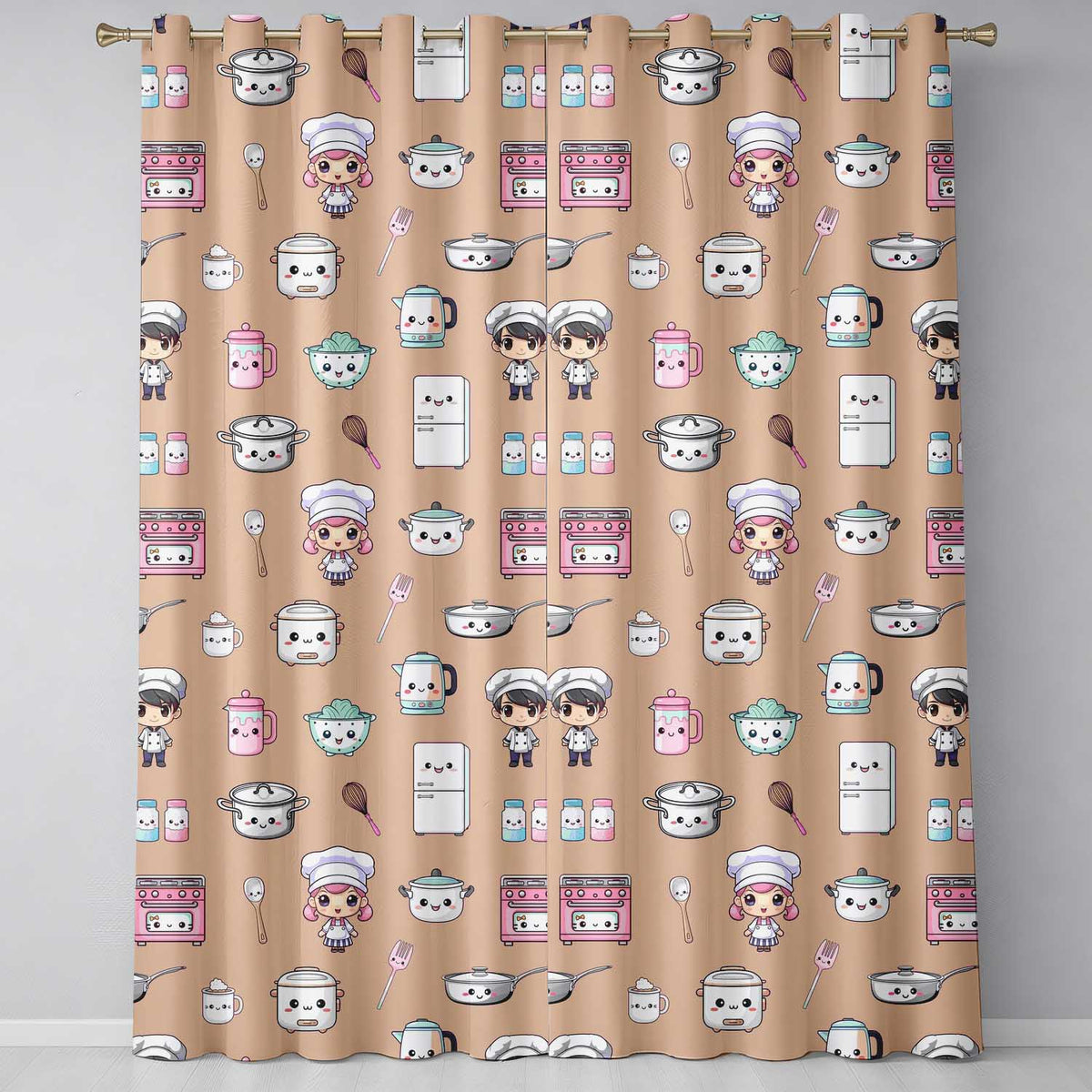 Kawaii Kitchen Chef Girl Cooking Utensils on Peach Seamless Pattern Readymade Eyelet Ring Top Thermal 100% Blackout Curtains