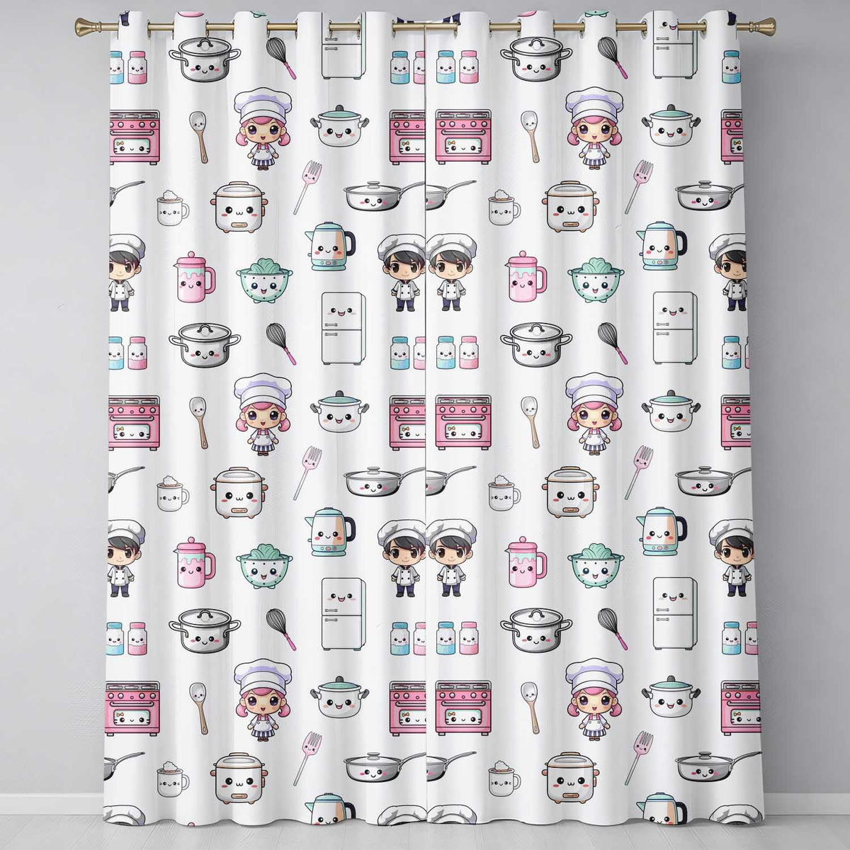 Kawaii Kitchen Chef Girl Cooking Utensils on Cream Seamless Pattern Readymade Eyelet Ring Top Thermal 100% Blackout Curtains