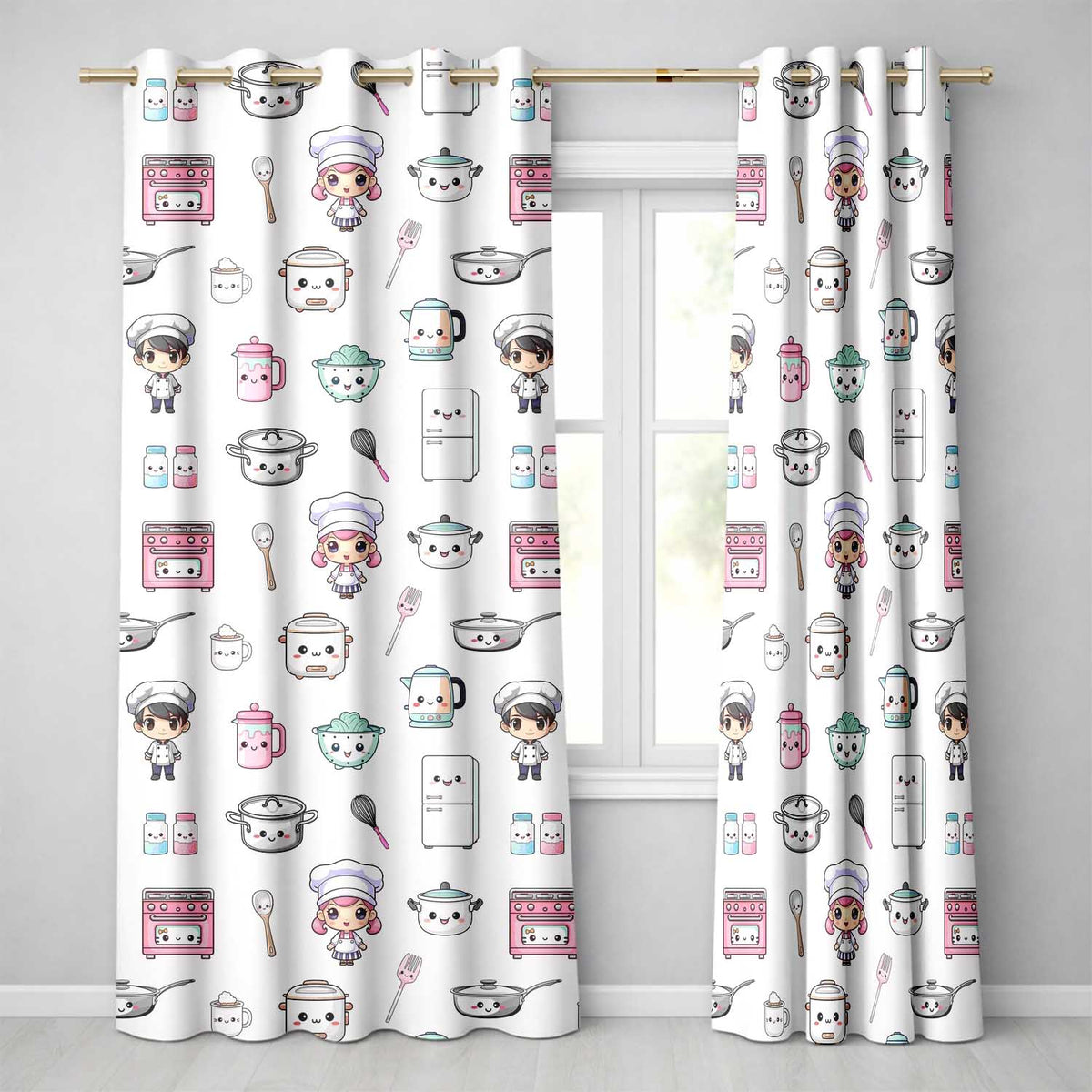 Kawaii Kitchen Chef Girl Cooking Utensils on Cream Seamless Pattern Readymade Eyelet Ring Top Thermal 100% Blackout Curtains