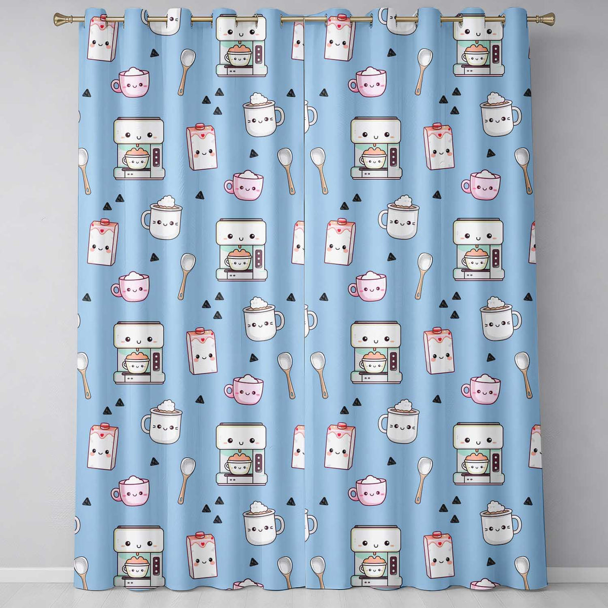 Cute Kawaii Coffee Maker Milk Carton Cups Sky Blue Background Seamless Pattern Readymade Eyelet Ring Top Thermal 100% Blackout Curtains