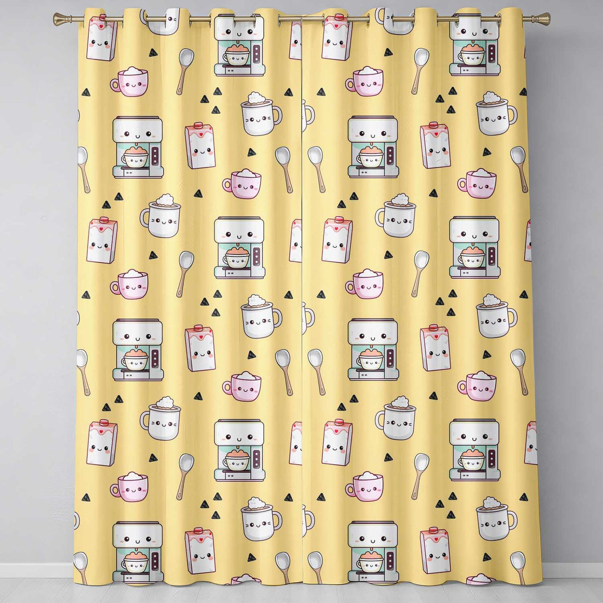 Cute Kawaii Coffee Maker Milk Carton Cups Yellow Background Seamless Pattern Readymade Eyelet Ring Top Thermal 100% Blackout Curtains