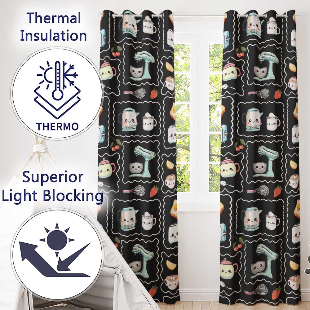 Cute Kawaii Kitchen Mixer Kettle Fruits Black Background Seamless Pattern Readymade Eyelet Ring Top Thermal 100% Blackout Curtains