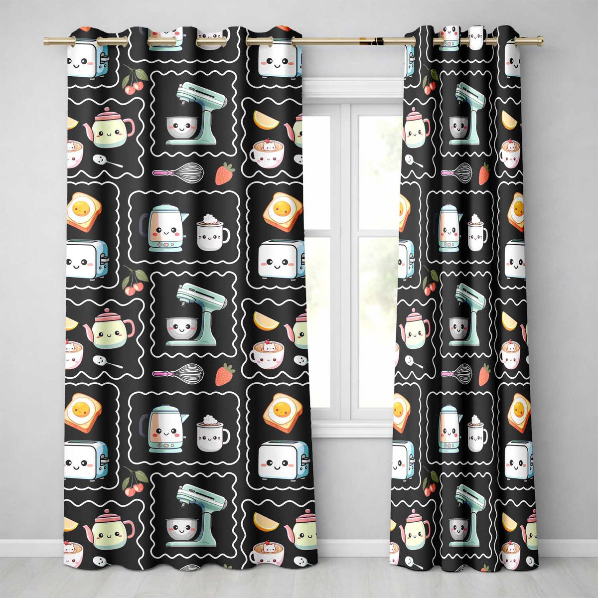 Cute Kawaii Kitchen Mixer Kettle Fruits Black Background Seamless Pattern Readymade Eyelet Ring Top Thermal 100% Blackout Curtains
