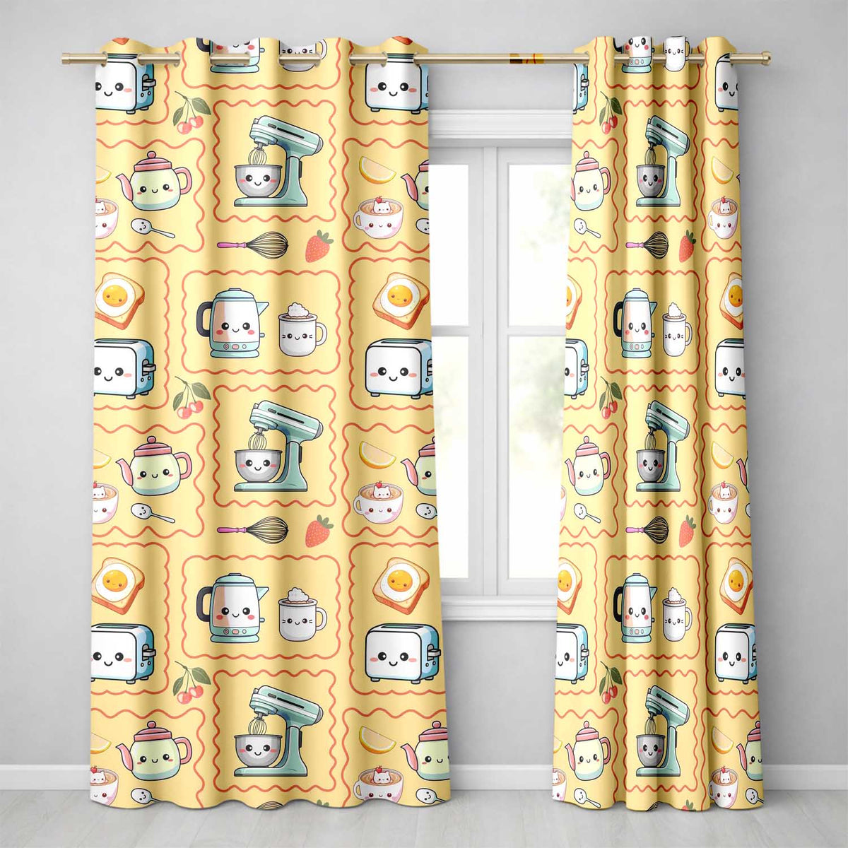 Cute Kawaii Kitchen Mixer Kettle Fruits Yellow Background Seamless Pattern Readymade Eyelet Ring Top Thermal 100% Blackout Curtains