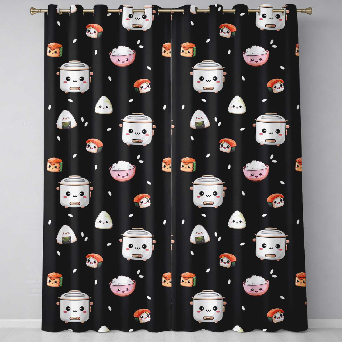 Cute Kawaii Sushi Rice Cooker Bowl Black Background Seamless Pattern Readymade Eyelet Ring Top Thermal 100% Blackout Curtains