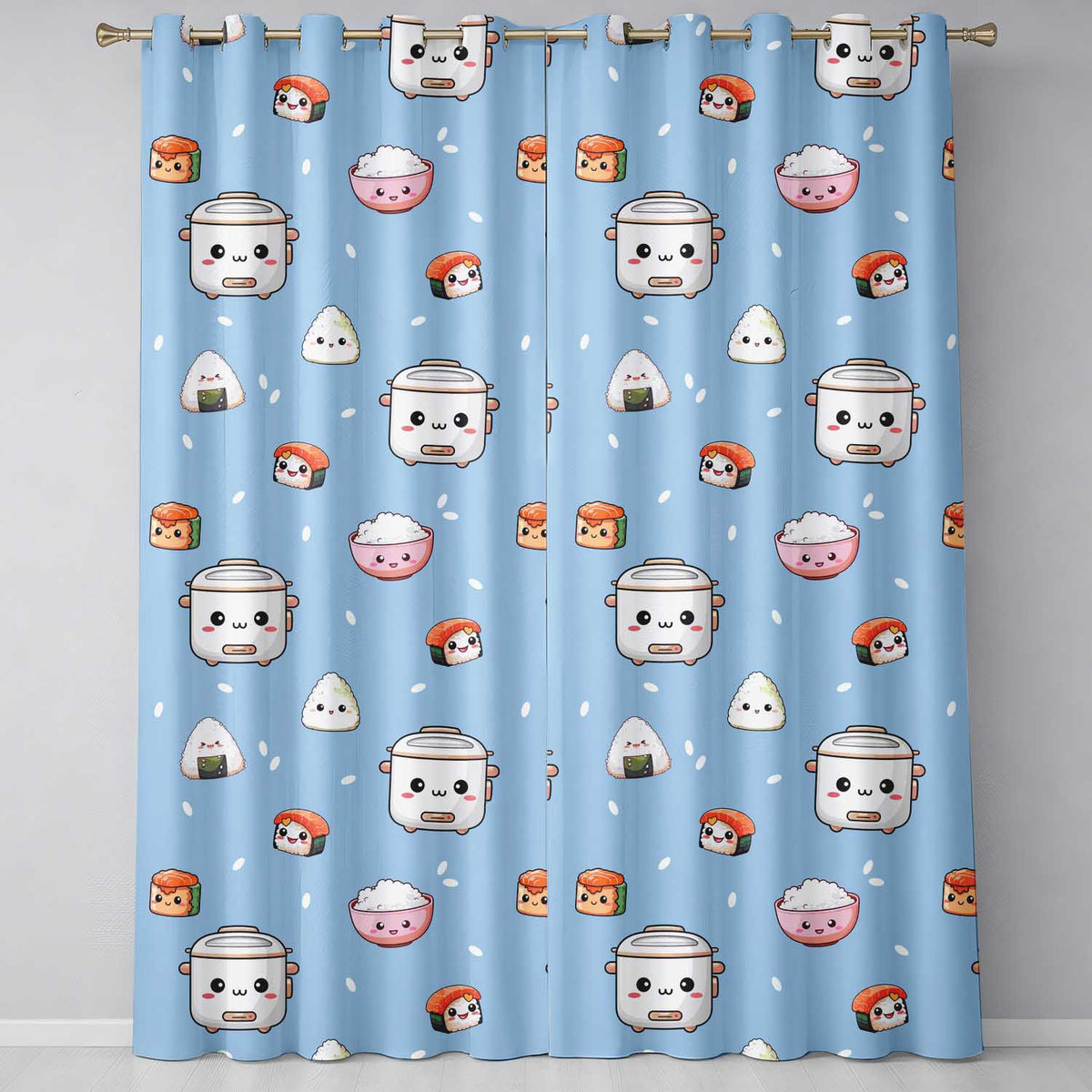 Cute Kawaii Sushi Rice Cooker Bowl Blue Background Seamless Pattern Readymade Eyelet Ring Top Thermal 100% Blackout Curtains