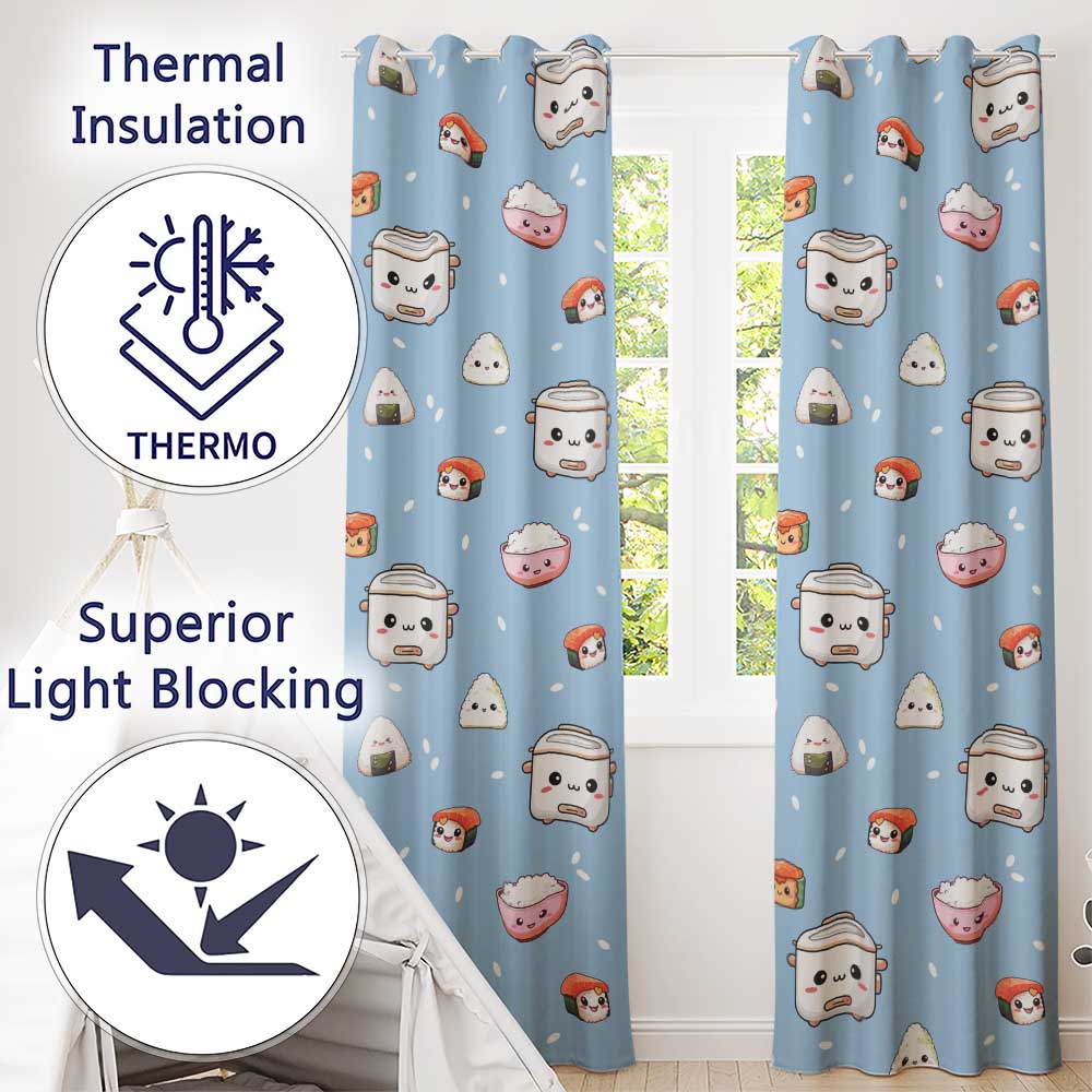 Cute Kawaii Sushi Rice Cooker Bowl Blue Background Seamless Pattern Readymade Eyelet Ring Top Thermal 100% Blackout Curtains
