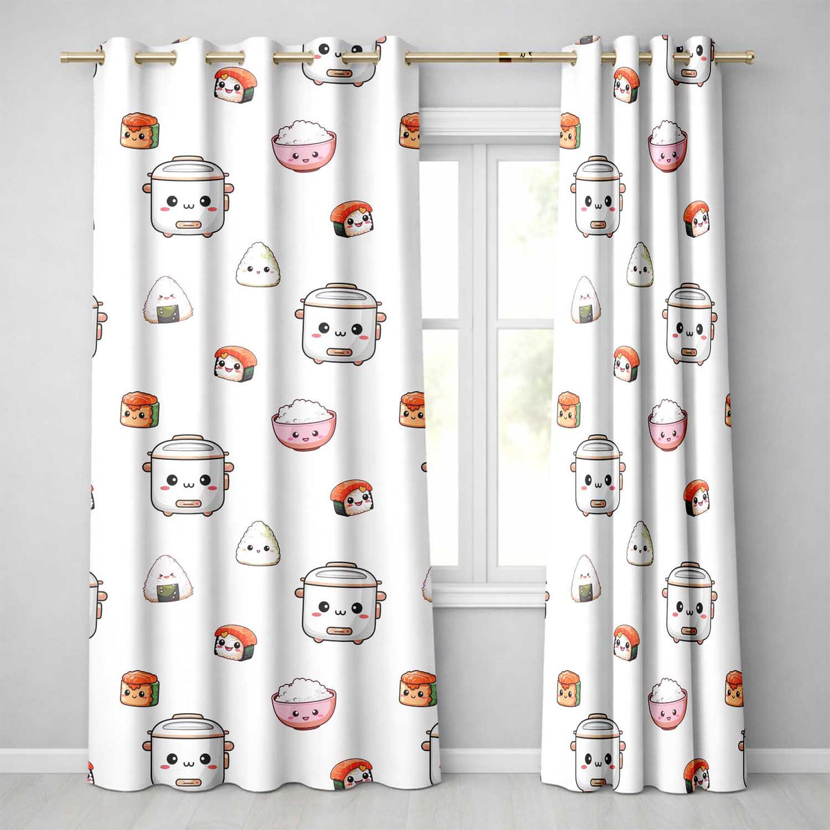 Cute Kawaii Sushi Rice Cooker Bowl Cream Background Seamless Pattern Readymade Eyelet Ring Top Thermal 100% Blackout Curtains