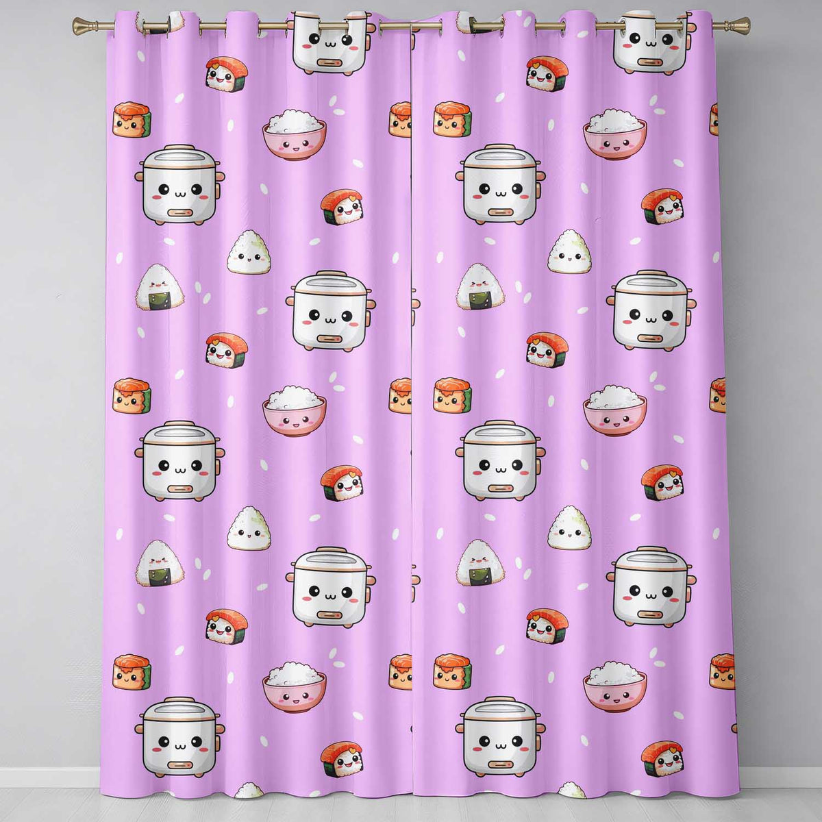 Cute Kawaii Sushi Rice Cooker Bowl Purple Background Seamless Pattern Readymade Eyelet Ring Top Thermal 100% Blackout Curtains