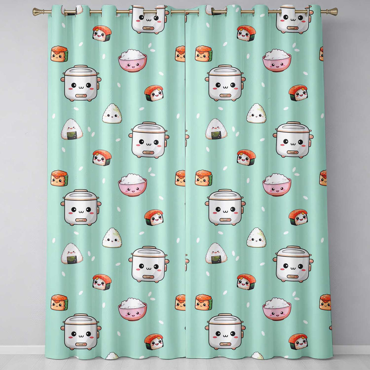 Cute Kawaii Sushi Rice Cooker Bowl Mint Green Background Seamless Pattern Readymade Eyelet Ring Top Thermal 100% Blackout Curtains