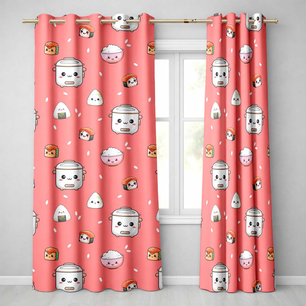 Cute Kawaii Sushi Rice Cooker Bowl Coral Red Background Seamless Pattern Readymade Eyelet Ring Top Thermal 100% Blackout Curtains