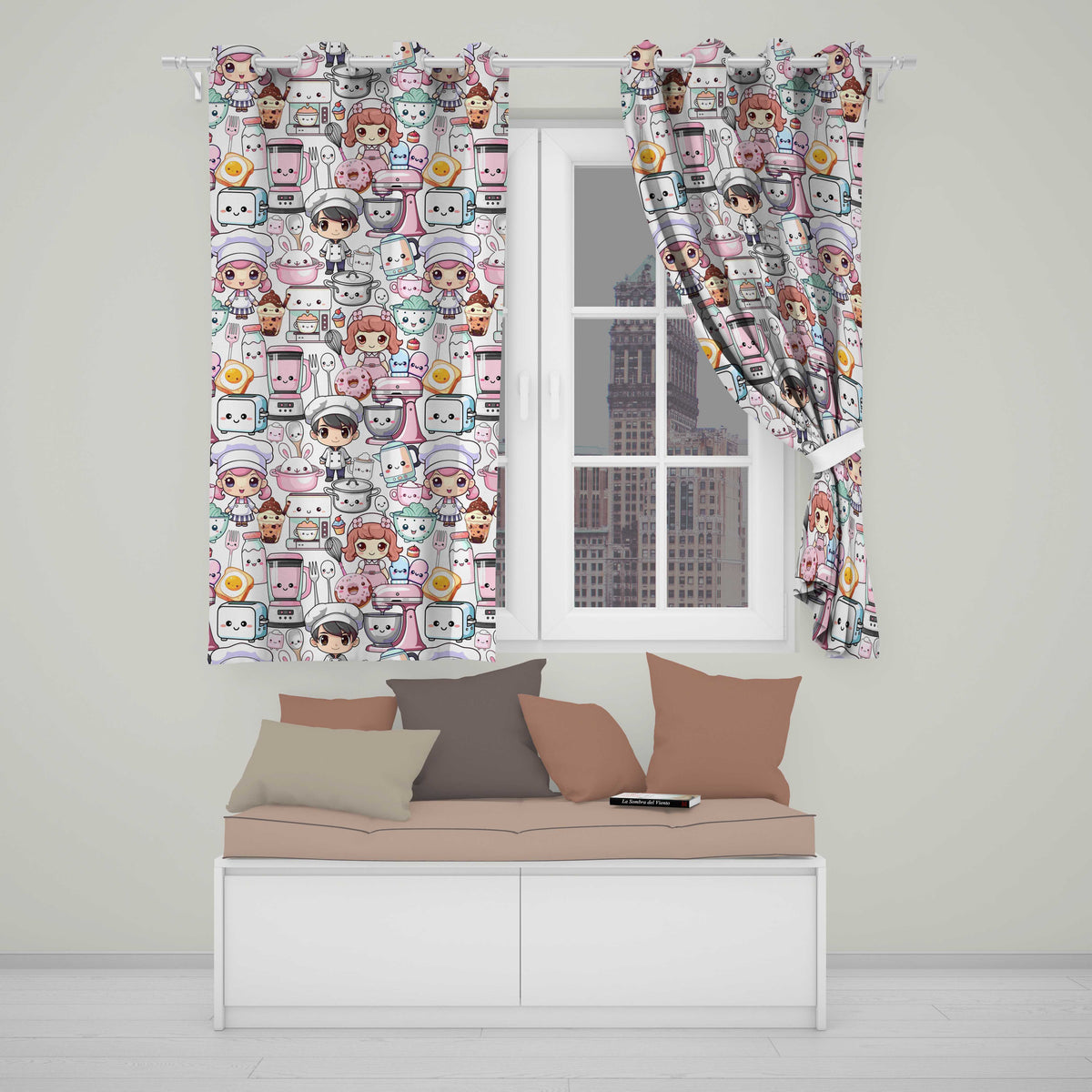 Kawaii Baking Girl Kitchen Appliances Utensils Cream Background Seamless Pattern Readymade Eyelet Ring Top Thermal 100% Blackout Curtains
