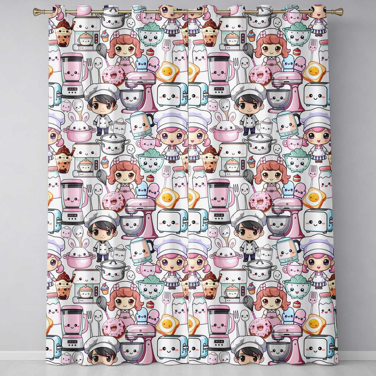 Kawaii Baking Girl Kitchen Appliances Utensils Cream Background Seamless Pattern Readymade Eyelet Ring Top Thermal 100% Blackout Curtains