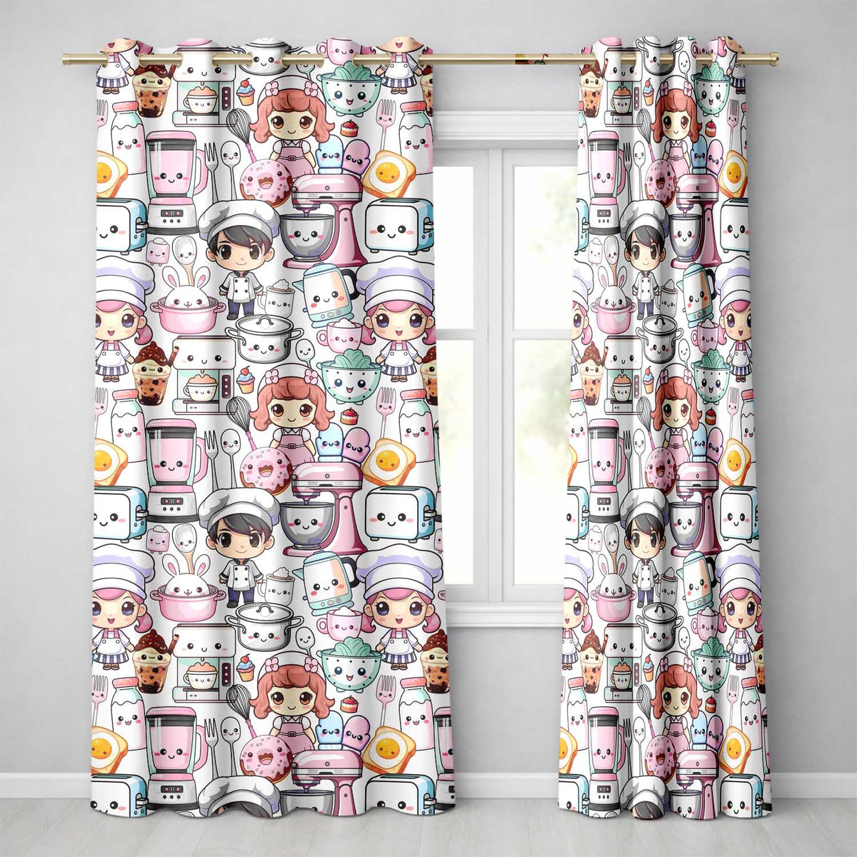 Kawaii Baking Girl Kitchen Appliances Utensils Cream Background Seamless Pattern Readymade Eyelet Ring Top Thermal 100% Blackout Curtains