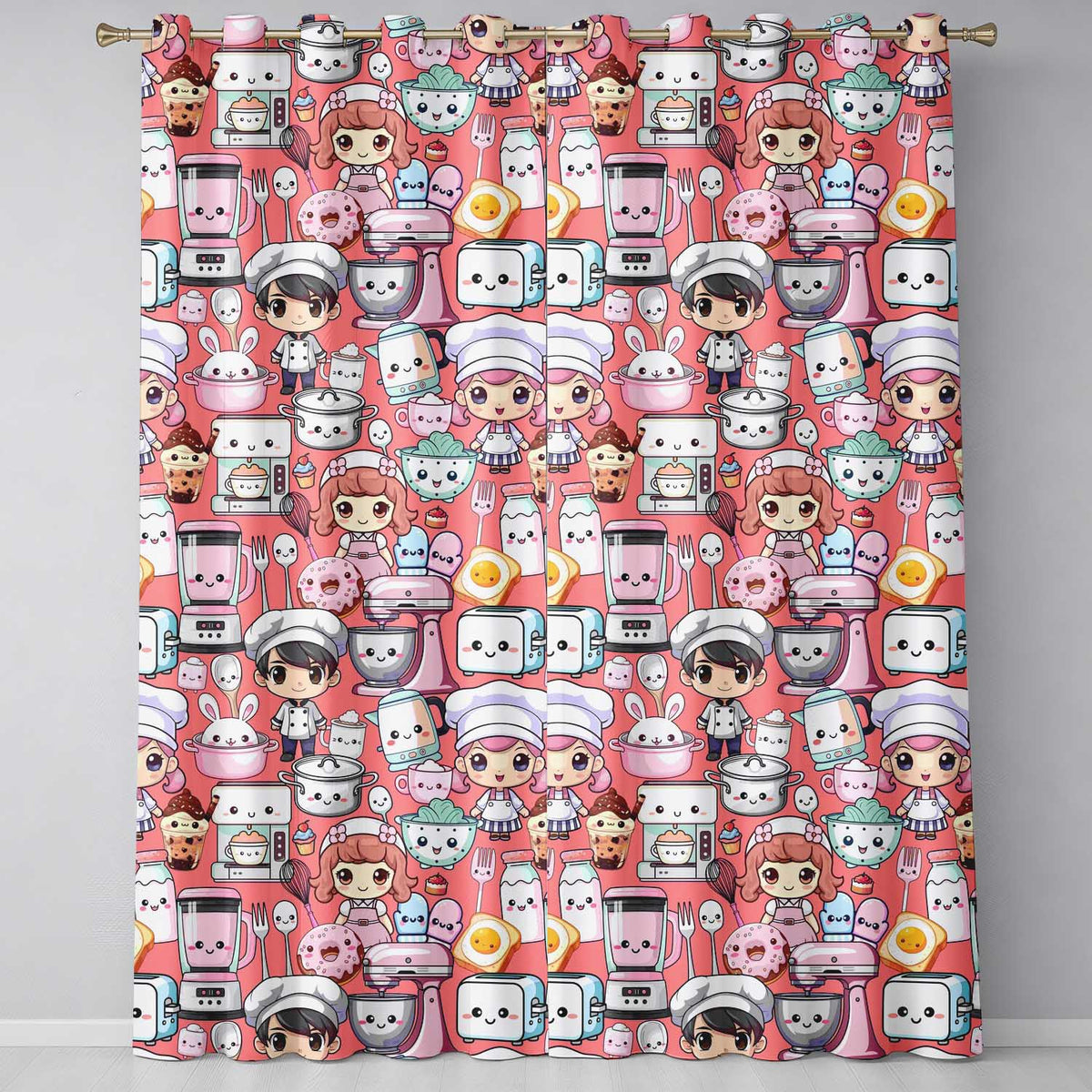Kawaii Baking Girl Kitchen Appliances Utensils Coral Background Seamless Pattern Readymade Eyelet Ring Top Thermal 100% Blackout Curtains