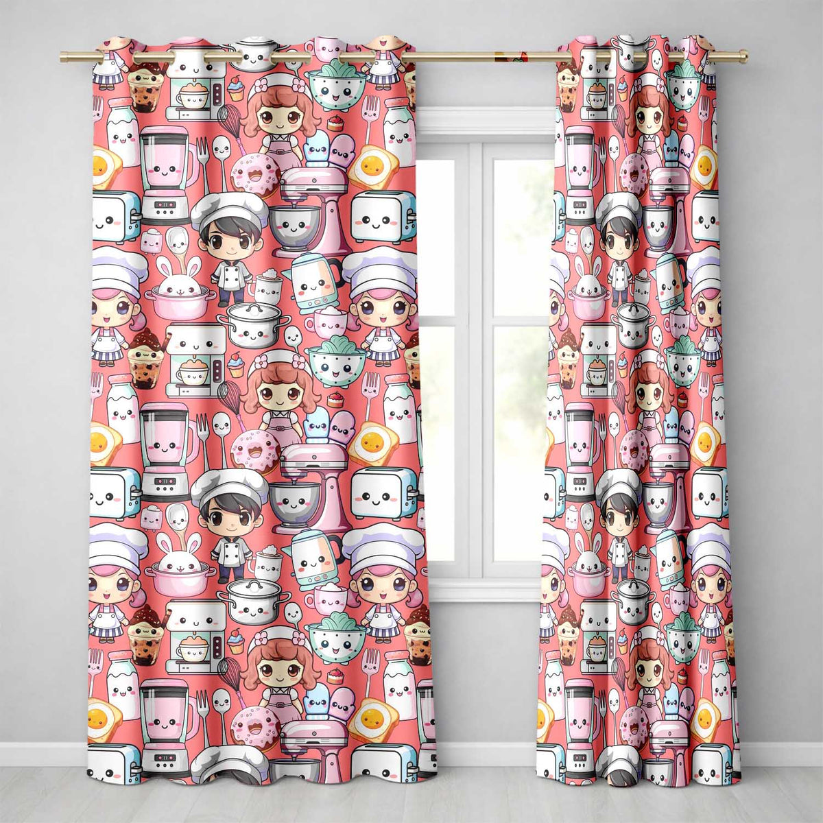 Kawaii Baking Girl Kitchen Appliances Utensils Coral Background Seamless Pattern Readymade Eyelet Ring Top Thermal 100% Blackout Curtains