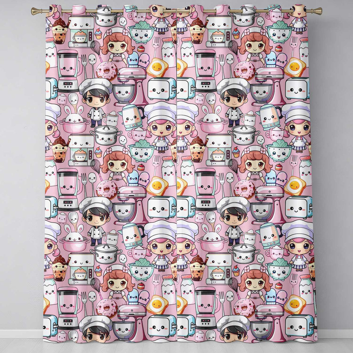 Kawaii Baking Girl Kitchen Appliances Utensils Blush Background Seamless Pattern Readymade Eyelet Ring Top Thermal 100% Blackout Curtains