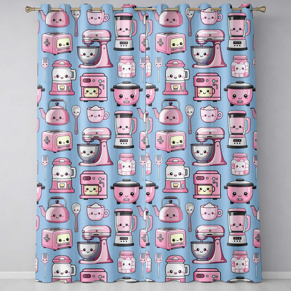 Kawaii Kitchen Appliances Mixer Toaster Blender Blue Background Seamless Pattern Readymade Eyelet Ring Top Thermal 100% Blackout Curtains