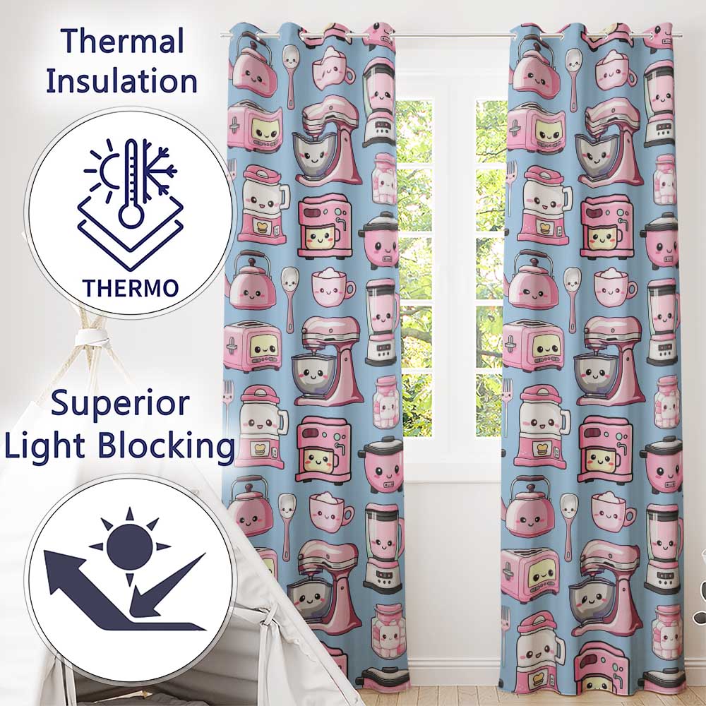 Kawaii Kitchen Appliances Mixer Toaster Blender Blue Background Seamless Pattern Readymade Eyelet Ring Top Thermal 100% Blackout Curtains