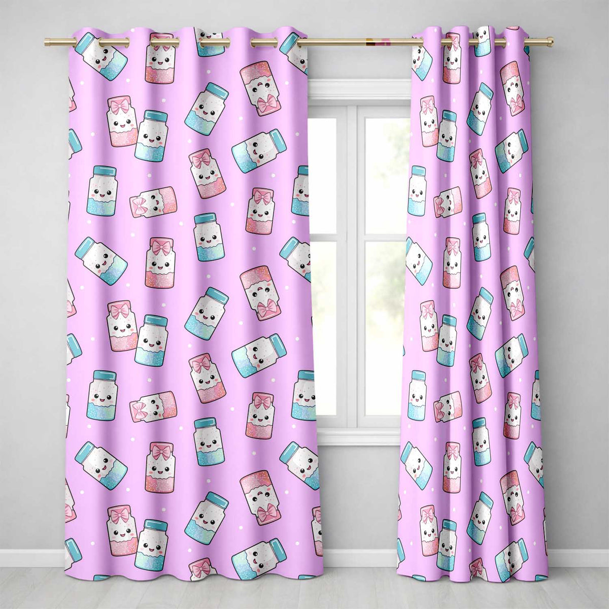 Kawaii Sugar Jar Bottles with Glitter Sprinkles Purple Background Seamless Pattern Readymade Eyelet Ring Top Thermal 100% Blackout Curtains