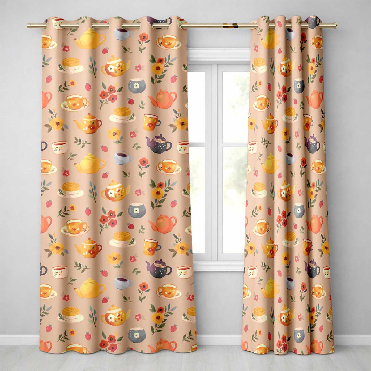 Vintage Teapot Floral Tea Cups Strawberry Garden Peach Background Seamless Pattern Readymade Eyelet Ring Top Thermal 100% Blackout Curtains