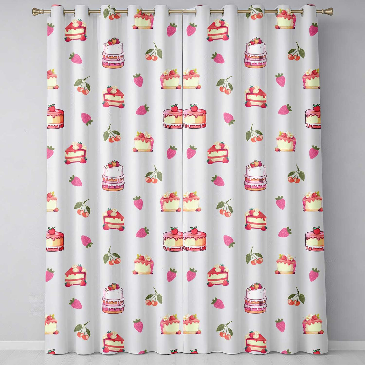 Cute Strawberry Cake Cherry Dessert Seamless Pattern Neutral Background Readymade Eyelet Ring Top Thermal 100% Blackout Curtains