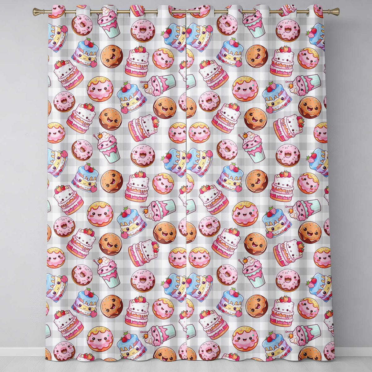 Kawaii Donut Cake Cupcake Sweet Treat Seamless Pattern Beige Gingham Readymade Eyelet Ring Top Thermal 100% Blackout Curtains