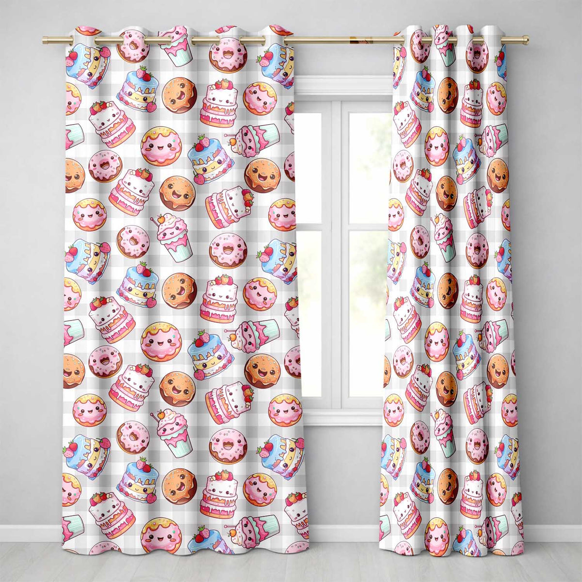 Kawaii Donut Cake Cupcake Sweet Treat Seamless Pattern Beige Gingham Readymade Eyelet Ring Top Thermal 100% Blackout Curtains