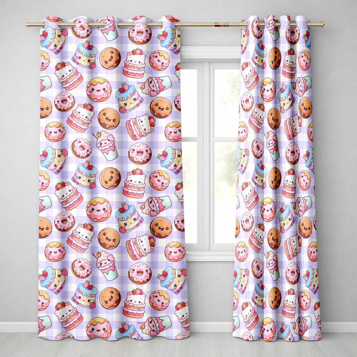 Kawaii Donut Cake Cupcake Sweet Dessert Seamless Pattern Purple Gingham Readymade Eyelet Ring Top Thermal 100% Blackout Curtains