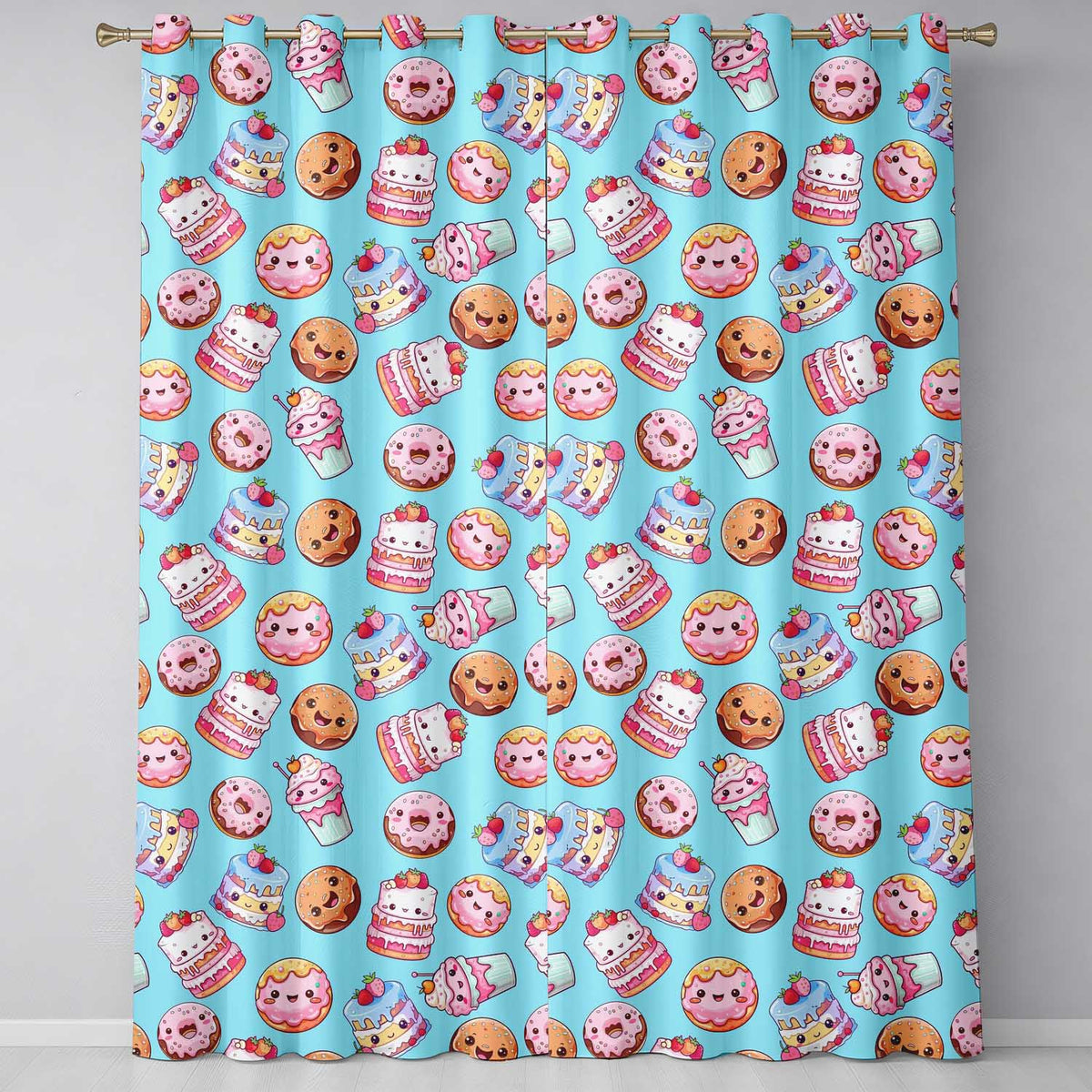 Cute Kawaii Donut Cake Cupcake Sweet Dessert Seamless Pattern Blue Background Readymade Eyelet Ring Top Thermal 100% Blackout Curtains