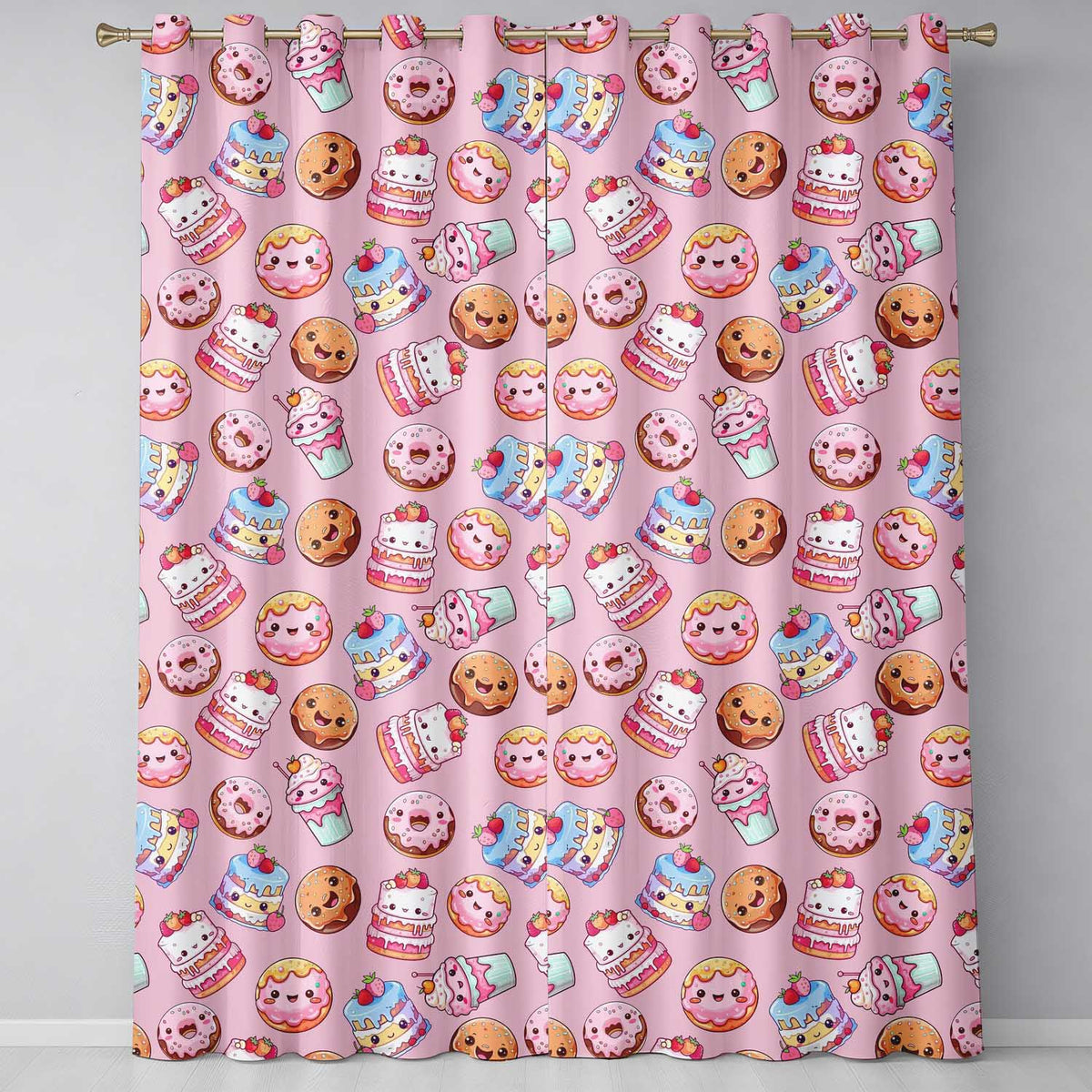 Kawaii Donut Cake Cupcake Sweet Dessert Seamless Pattern Warm Pink Readymade Eyelet Ring Top Thermal 100% Blackout Curtains