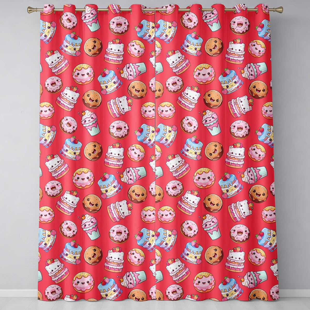 Kawaii Donut Cake Cupcake Sweet Dessert Seamless Pattern Coral Red Readymade Eyelet Ring Top Thermal 100% Blackout Curtains
