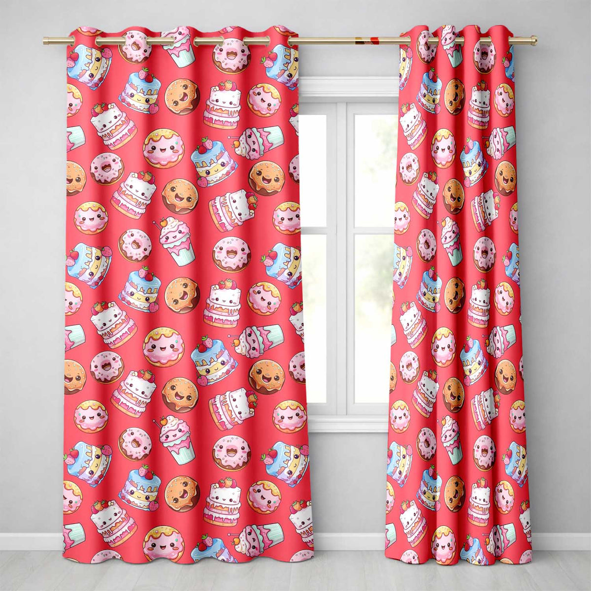Kawaii Donut Cake Cupcake Sweet Dessert Seamless Pattern Coral Red Readymade Eyelet Ring Top Thermal 100% Blackout Curtains