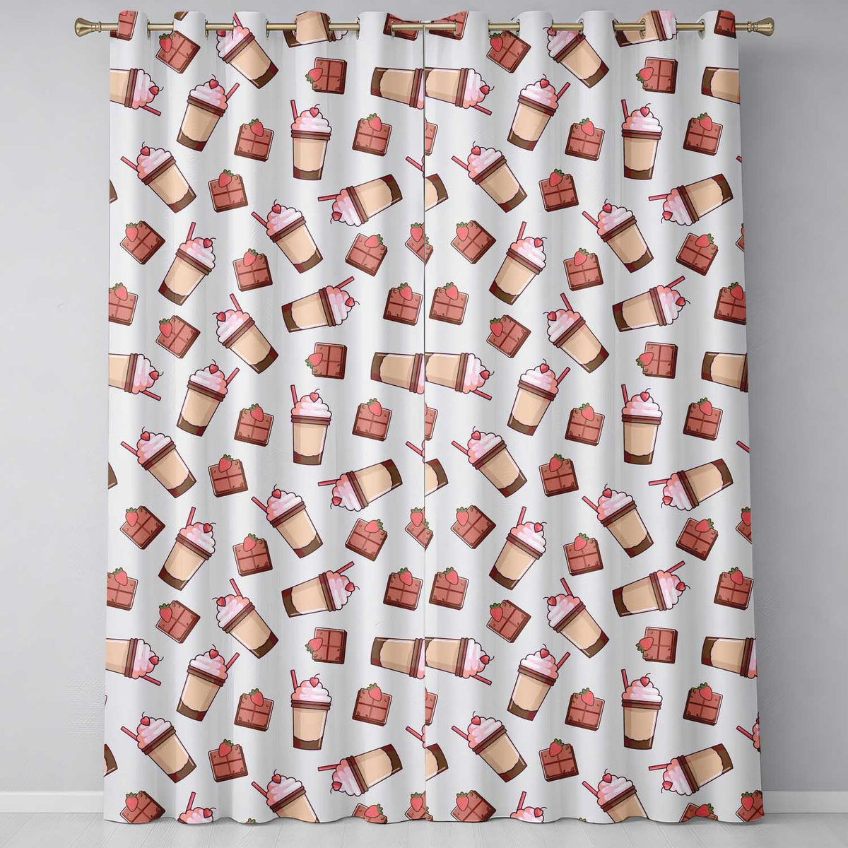 Cute Chocolate Strawberry Milkshake Seamless Pattern Cream Background Dessert Readymade Eyelet Ring Top Thermal 100% Blackout Curtains