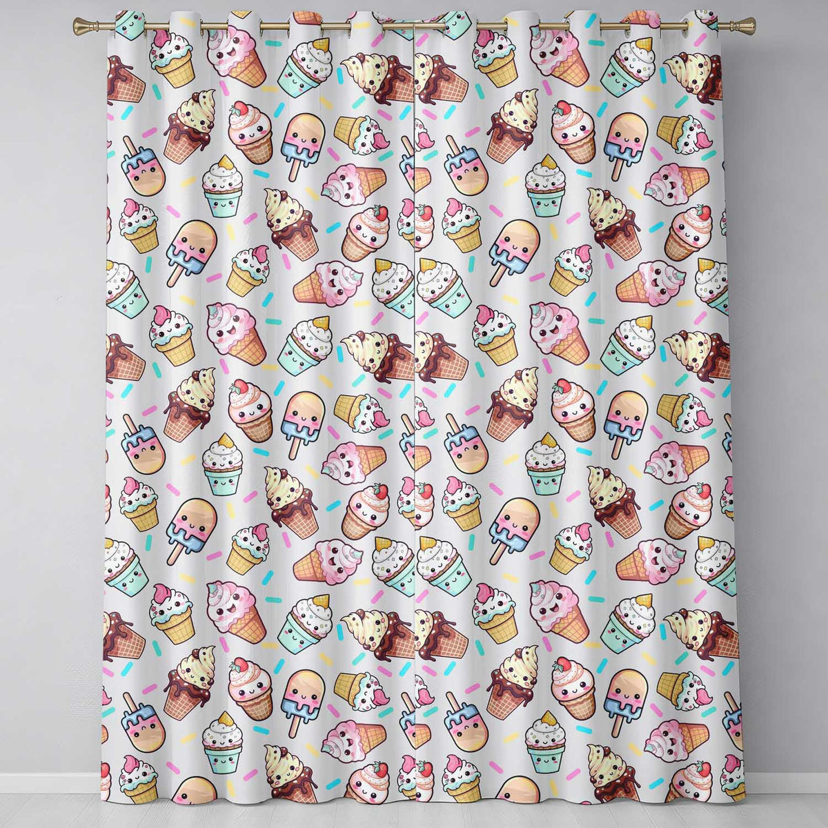 Kawaii Ice Cream Cone Popsicle Sweet Dessert Seamless Pattern Cream Readymade Eyelet Ring Top Thermal 100% Blackout Curtains