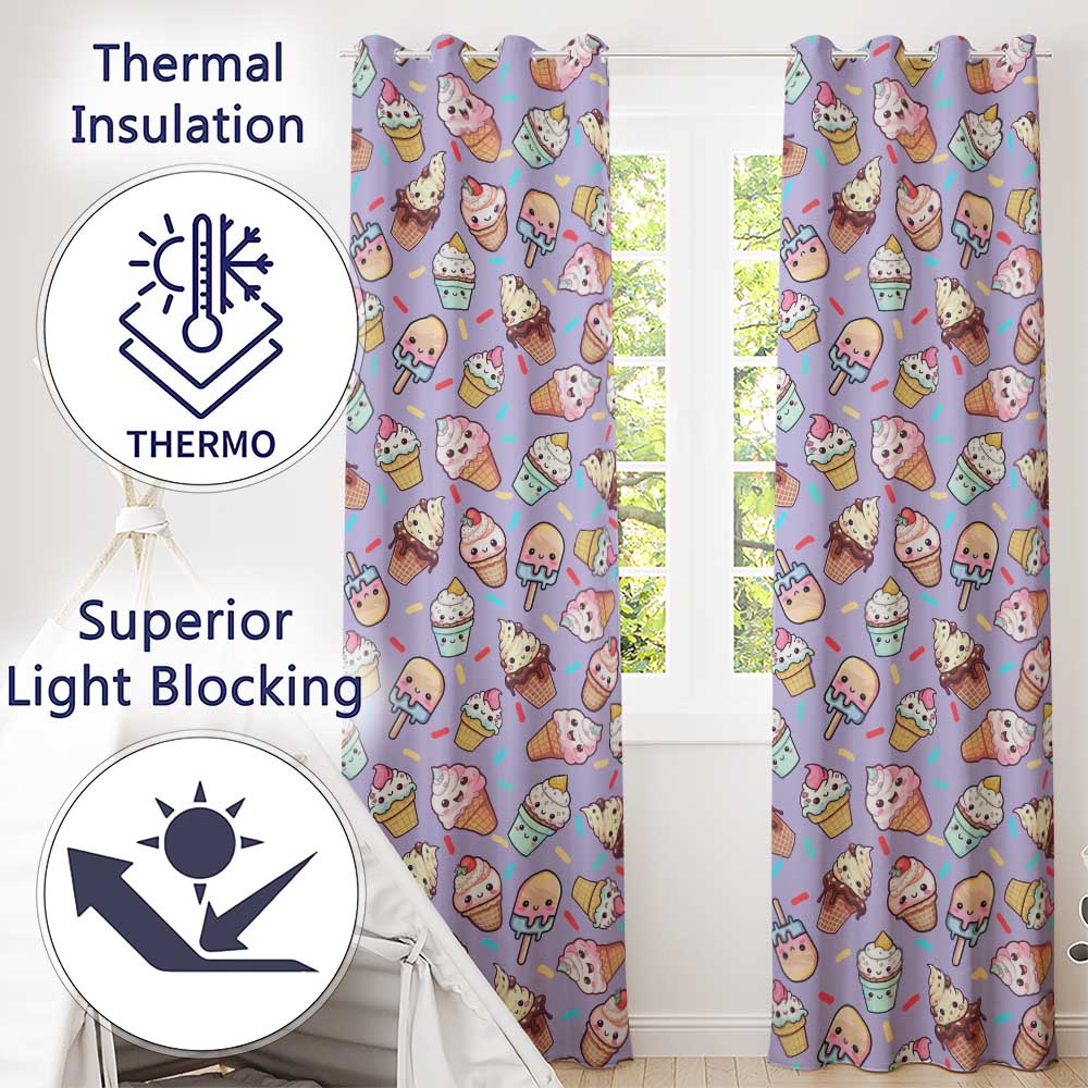Kawaii Ice Cream Cone Popsicle Sweet Dessert Seamless Pattern Purple Readymade Eyelet Ring Top Thermal 100% Blackout Curtains